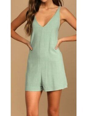 Lulus Mint Green Sleeveless Romper With V-Neck And Tie Straps XS Linen Blend